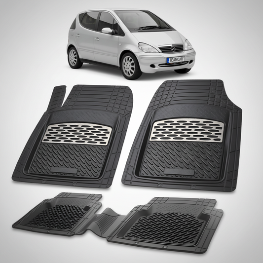 Set of black car floor mats with a car in the background