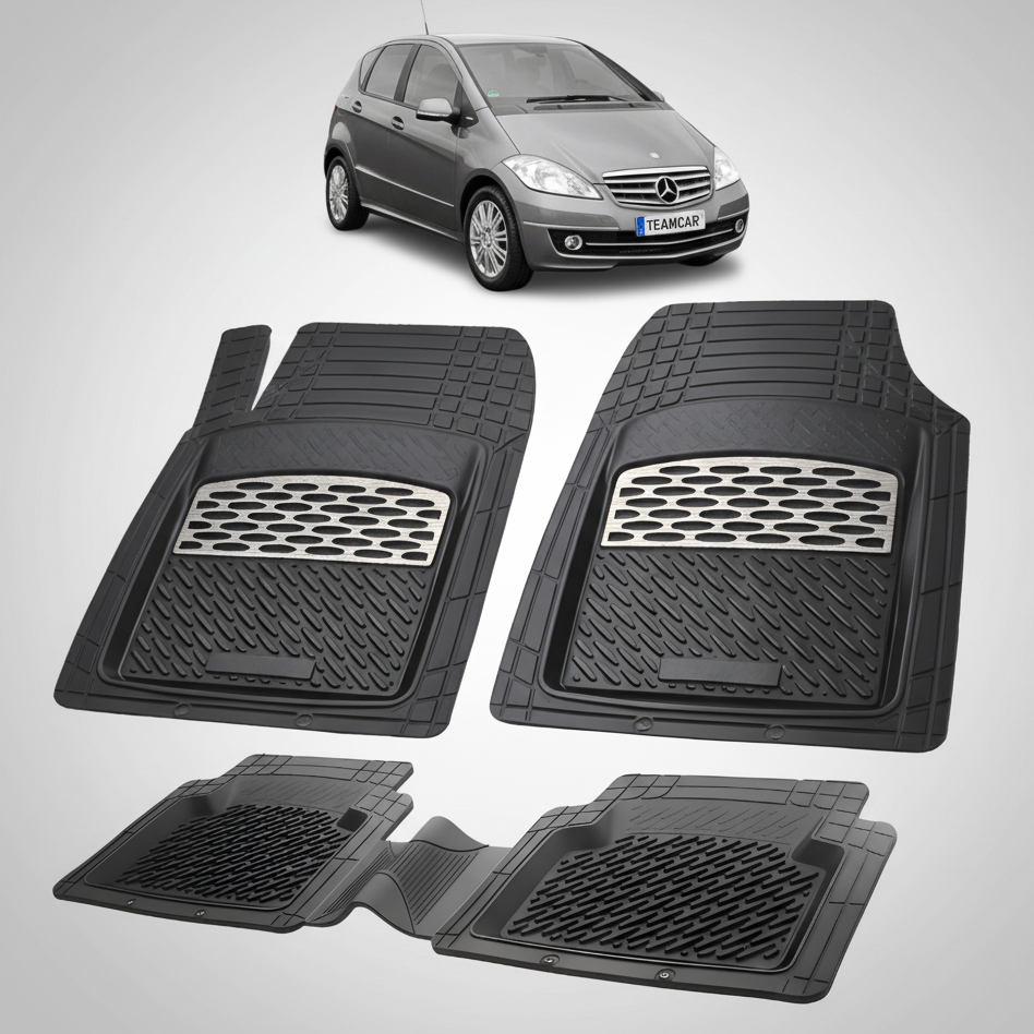 Set of black car floor mats with a small inset image of a Mercedes-Benz car.
