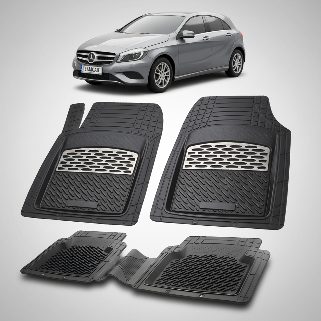 Set of black car floor mats with a Mercedes-Benz car in the background