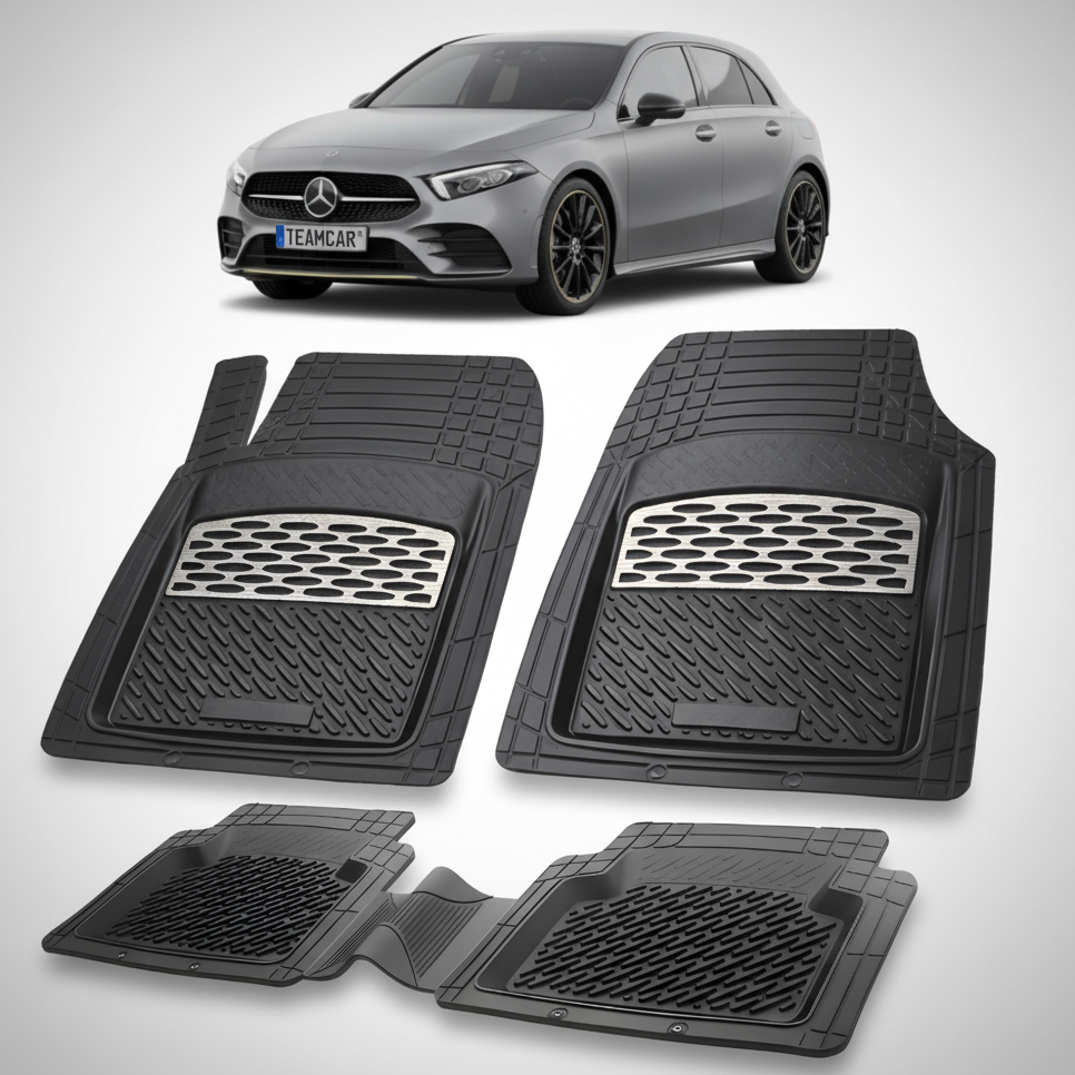 Set of black car floor mats with a Mercedes-Benz car in the background