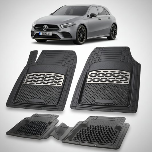 Set of black car floor mats with a Mercedes-Benz car in the background