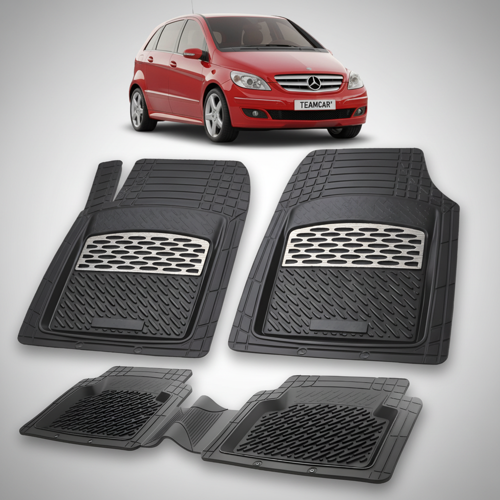 Set of black car mats with a red car in the background