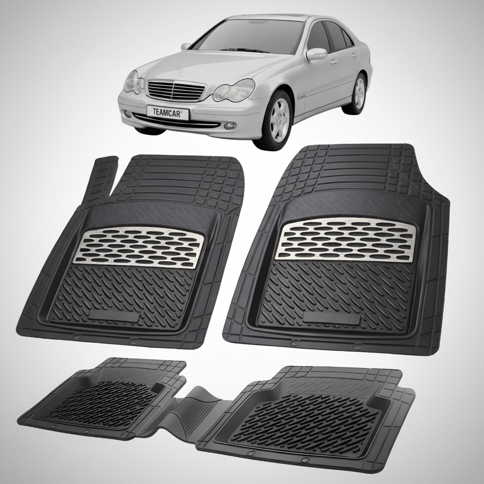 Set of black car floor mats with a Mercedes-Benz car in the background