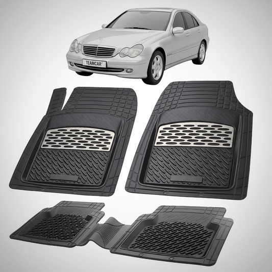Set of black car floor mats with a Mercedes-Benz car in the background