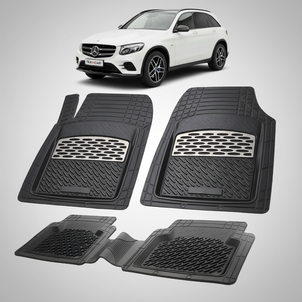 Set of black car floor mats with a Mercedes-Benz car in the background