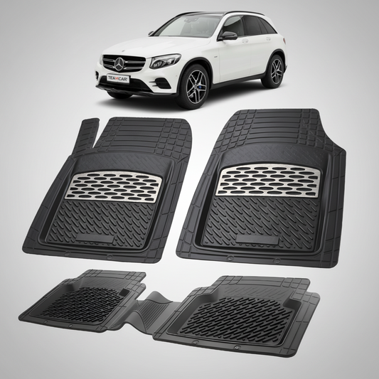 Set of black car floor mats with a Mercedes-Benz car in the background