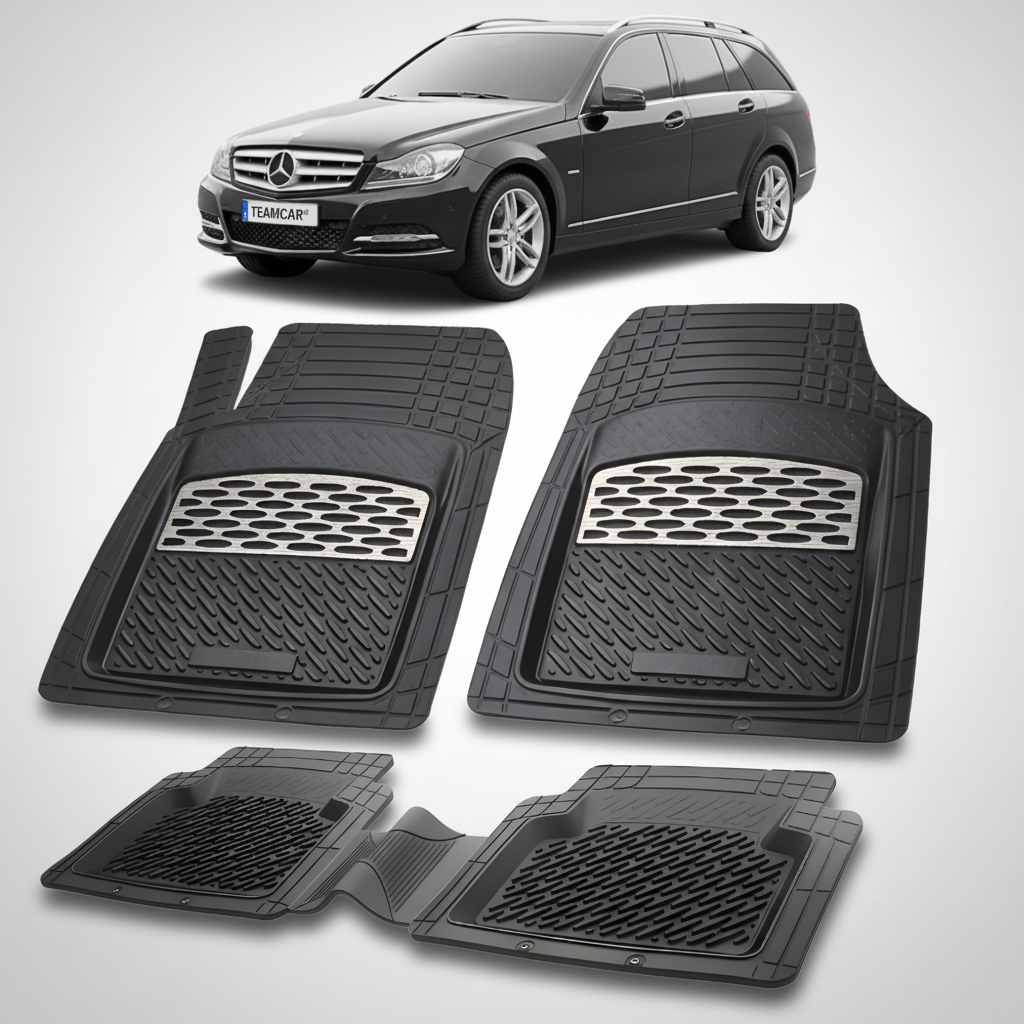 Set of black car floor mats with a Mercedes-Benz car in the background