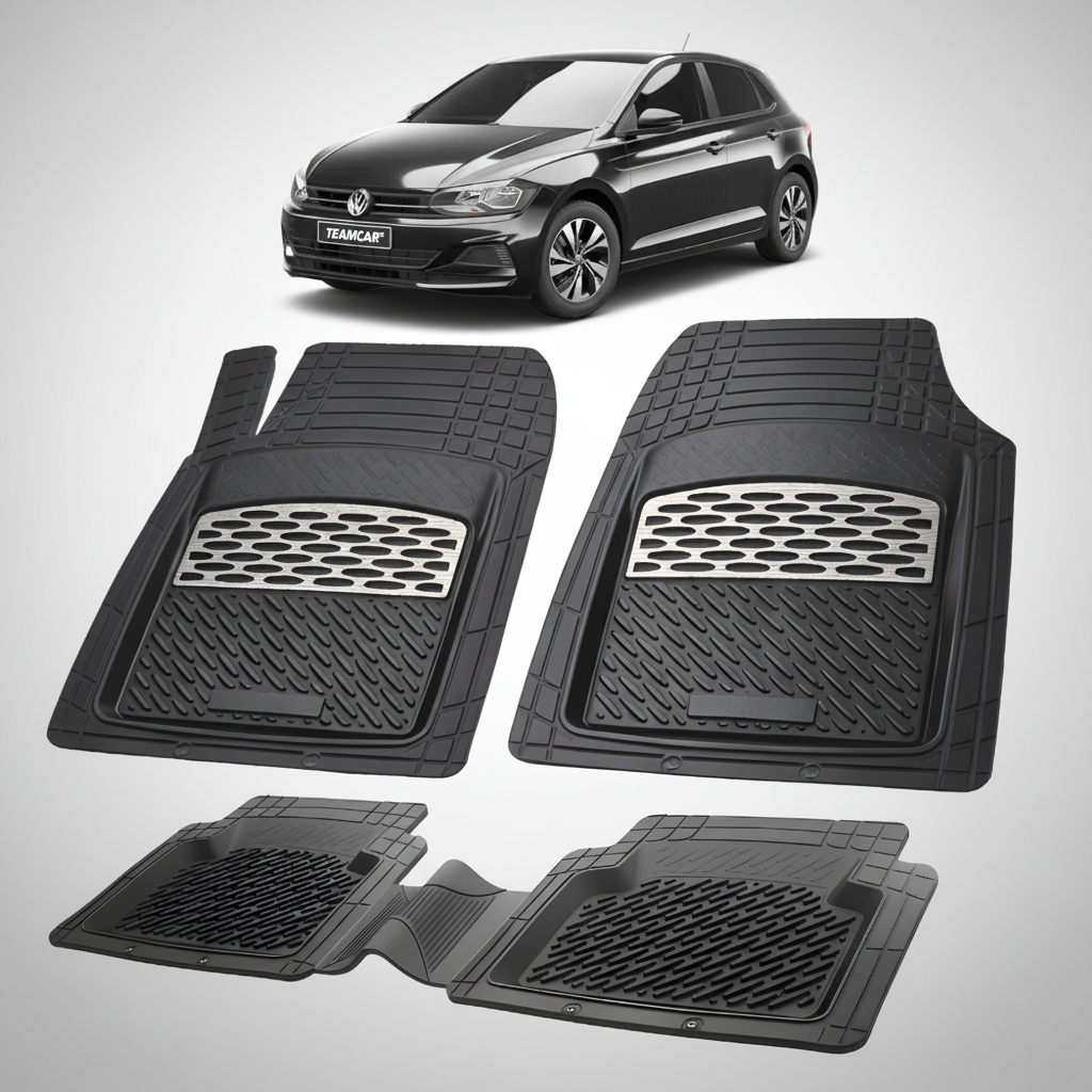 Set of black car floor mats with a Volkswagen car in the background