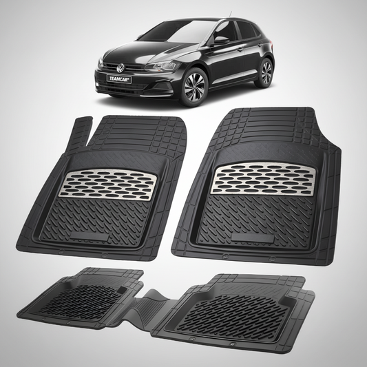 Set of black car floor mats with a Volkswagen car in the background