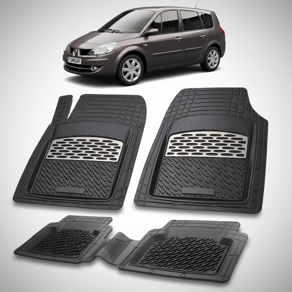 Set of black car floor mats with a car in the background
