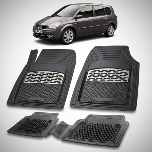 Set of black car floor mats with a car in the background