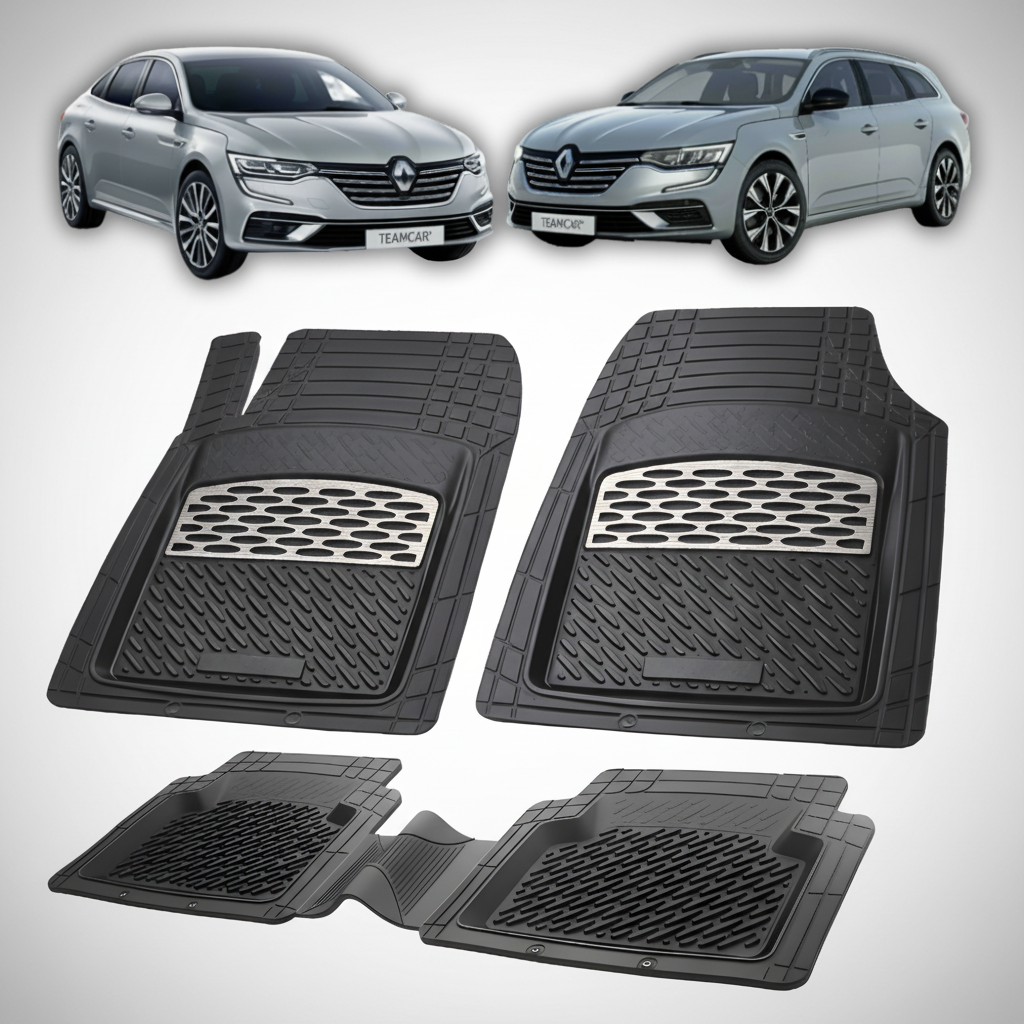 Set of car floor mats with two cars in the background