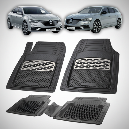 Set of car floor mats with two cars in the background