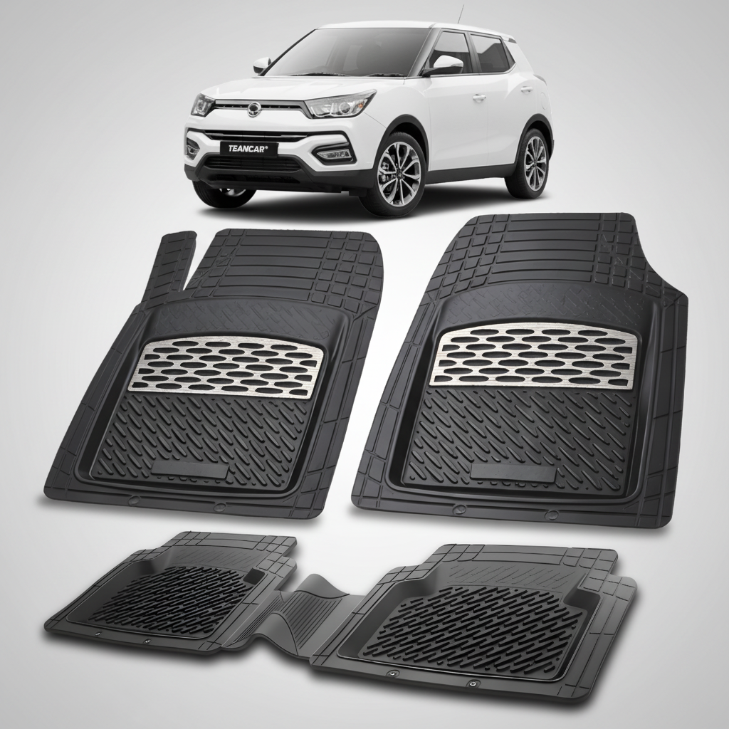 Set of black car floor mats with a white SUV in the background