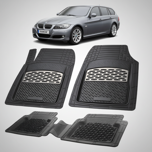 Set of black car floor mats with a BMW car in the background