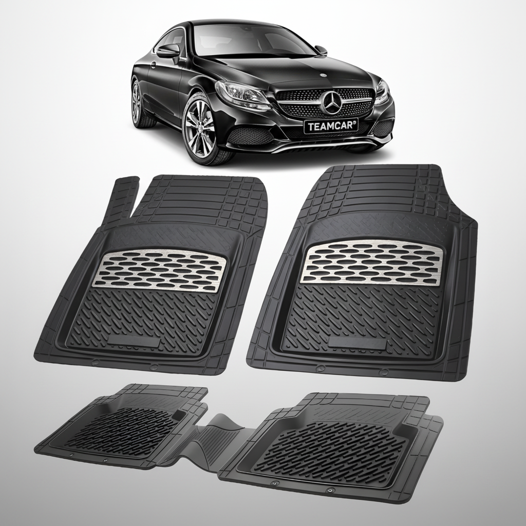 Set of black car floor mats with a Mercedes-Benz car in the background.