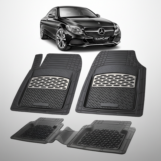 Set of black car floor mats with a Mercedes-Benz car in the background.