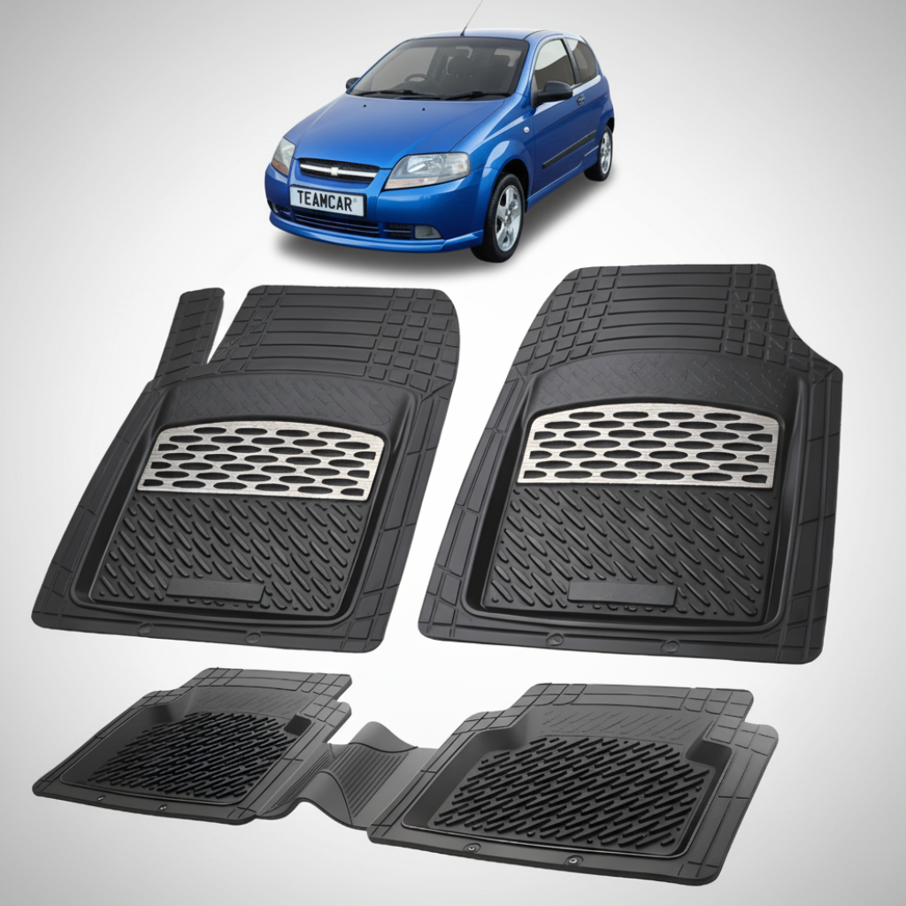 Set of black car floor mats with a blue car in the background