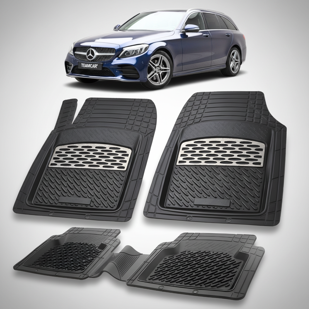Set of black car floor mats with a Mercedes-Benz car in the background