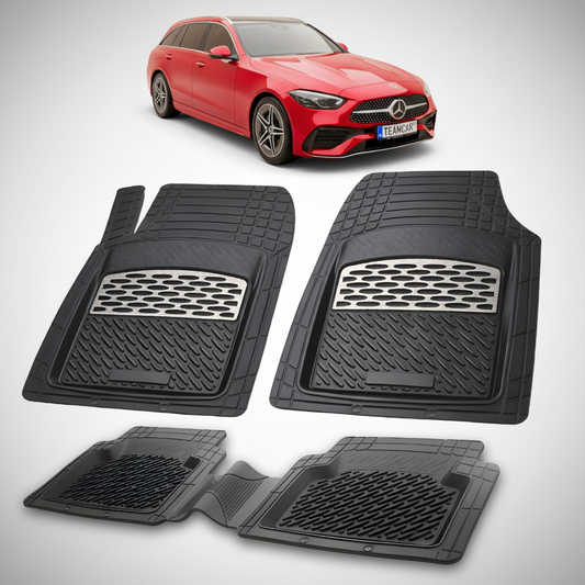 Set of black car floor mats with a red car in the background