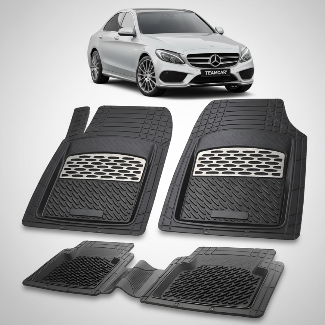 Set of black car floor mats with a Mercedes-Benz car in the background