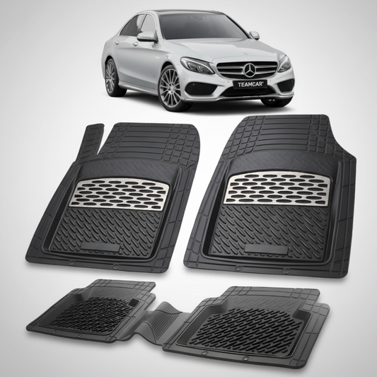 Set of black car floor mats with a Mercedes-Benz car in the background