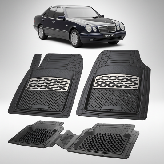 Set of black car floor mats with a Mercedes-Benz car in the background
