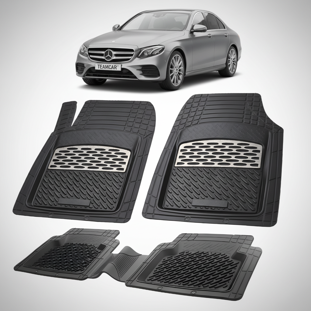 Set of black car floor mats with a Mercedes-Benz car in the background