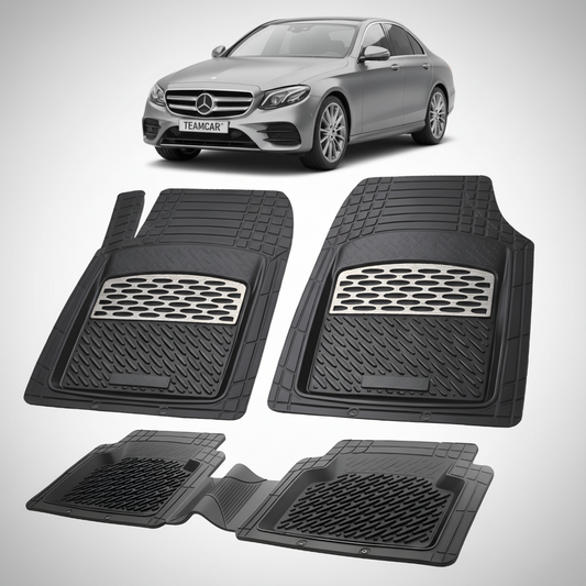Set of black car floor mats with a Mercedes-Benz car in the background