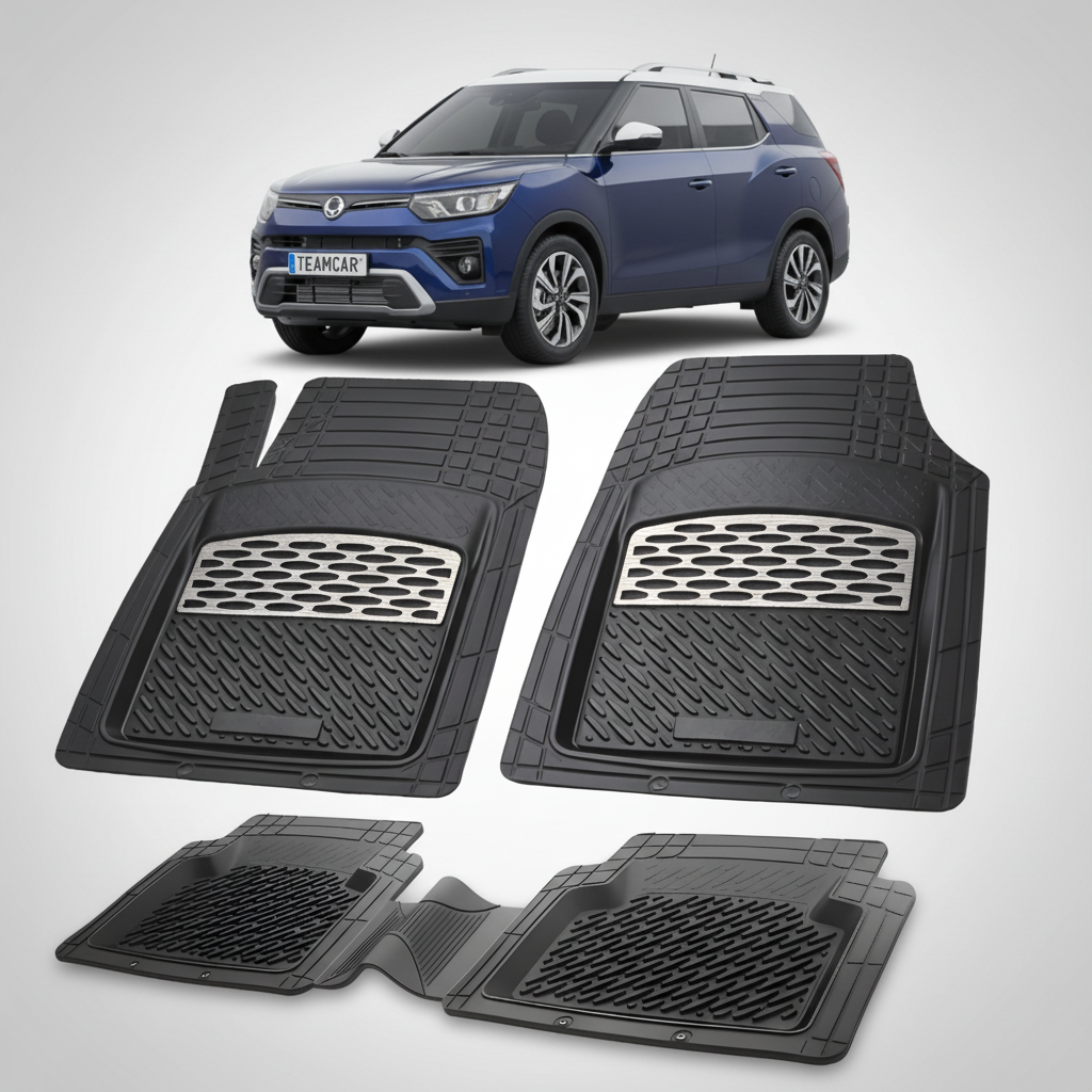 set de covorse negre cu accete argintii pentru ssangyong tivoli grand cu un suv ssangyong tivoli grand albastru in fundal.