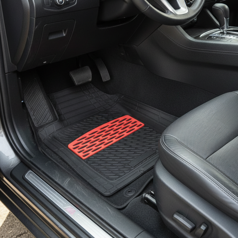 Car interior with black floor mats and a red mat on the driver's side.