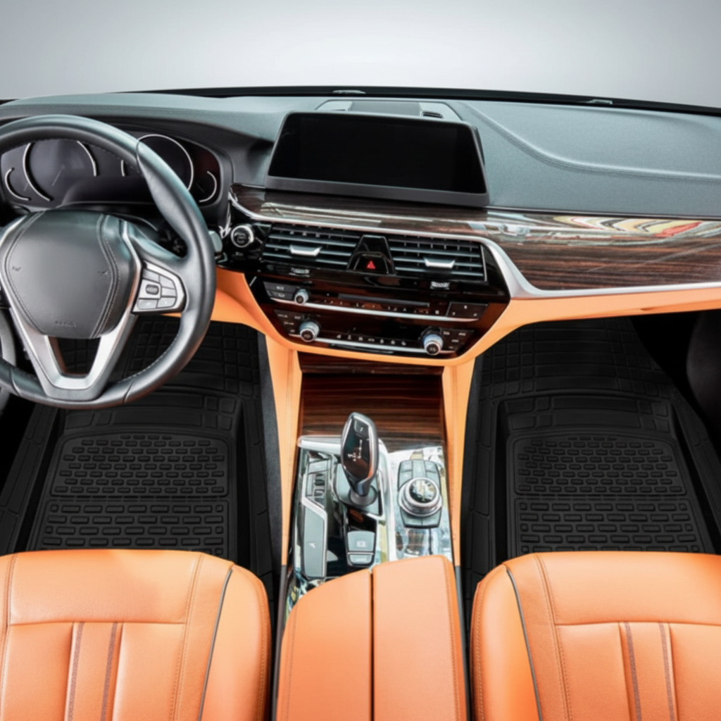 Car interior with orange leather seats and dashboard details