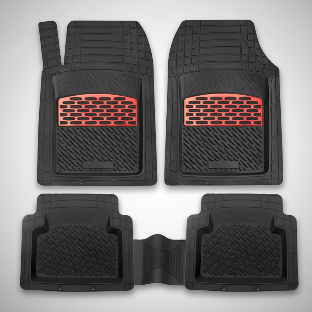 Set of black car floor mats with red accents on a white background