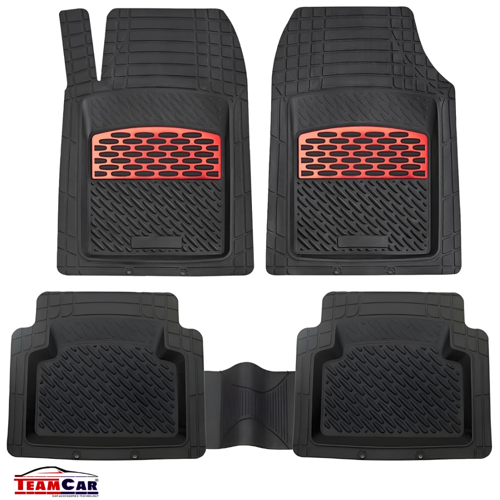 Set of black car floor mats with red accents on a white background, featuring the TeamCar logo.