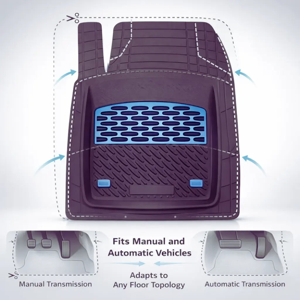 Covoraș auto cu text care indică compatibilitatea cu vehiculele manuale și automate