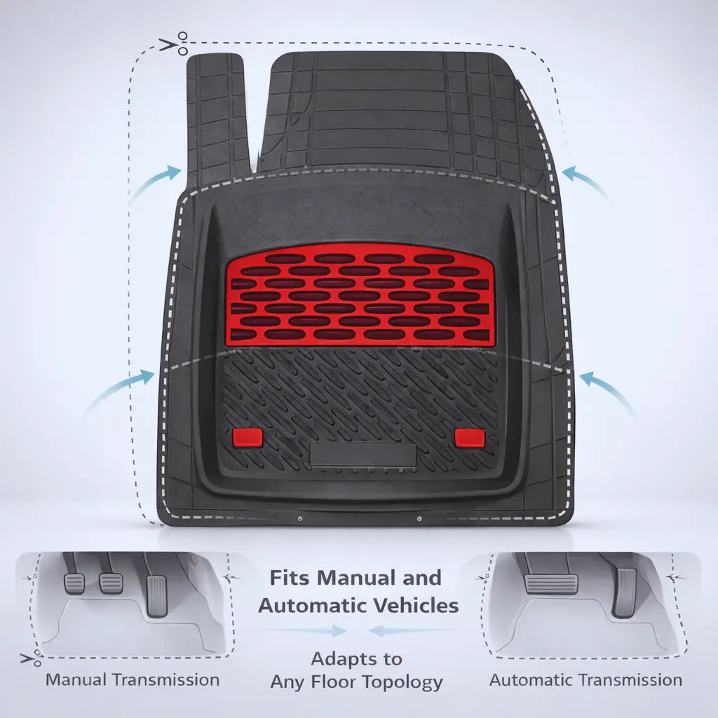 Covoraș auto cu accente roșii și text care indică compatibilitatea cu diverse tipuri de vehicule.