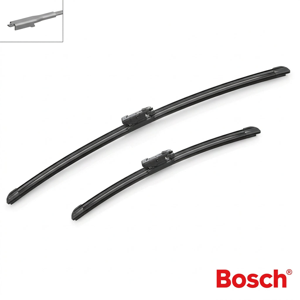 Două lamele Bosch Aerotwin A991S și ilustrație a brațului compatibil