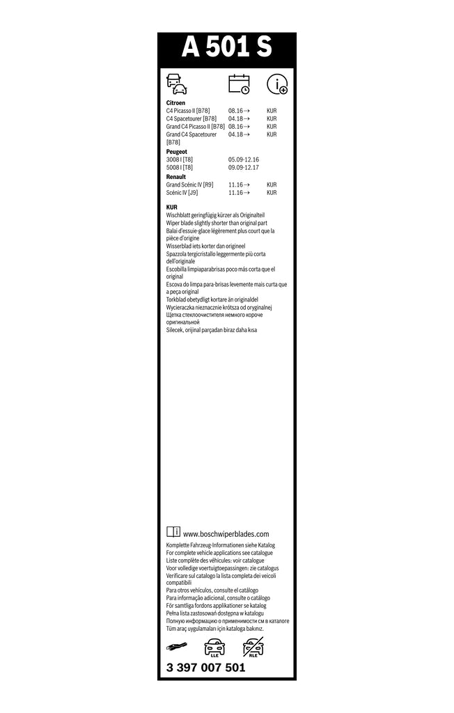Etichetă Bosch A501S cu aplicații auto, nota KUR și codul 3 397 007 501
