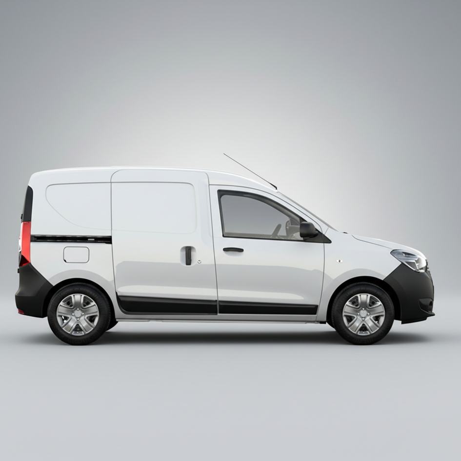 White Dacia Dokker van with black accents on a white background