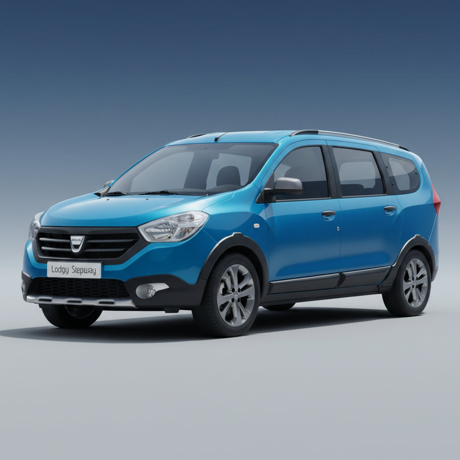 Blue Dacia Lodgy Stepway car parked outdoors with trees and sky in the background