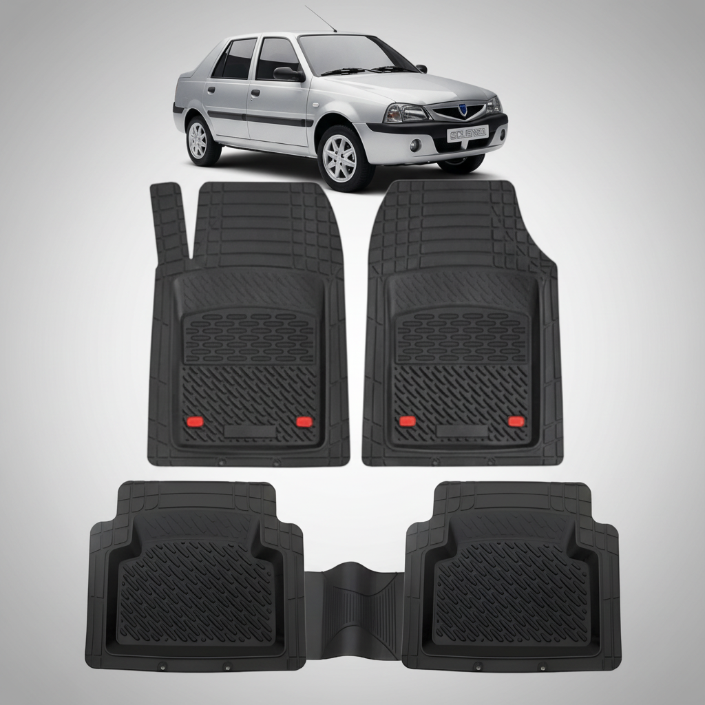 Set of black car floor mats with a silver car in the background