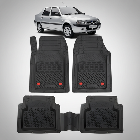 Set of black car floor mats with a silver car in the background