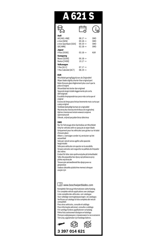 Etichetă Bosch A621S cu aplicații auto, note KUR și SWO și codul 3 397 014 621
