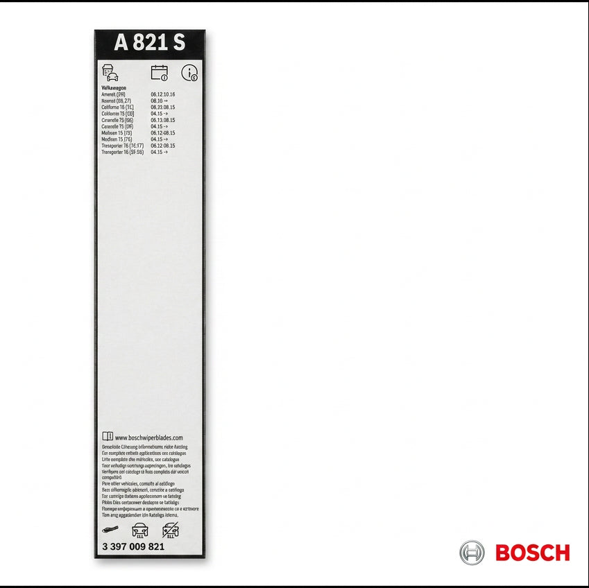 Eticheta ambalajului Bosch A821S cu aplicații Volkswagen și codul 3 397 009 821