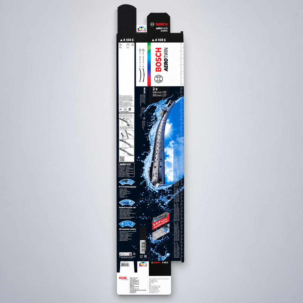 Ambalaj desfășurat Bosch Aerotwin A104S, cu instrucțiuni și dimensiuni 550 și 500 mm