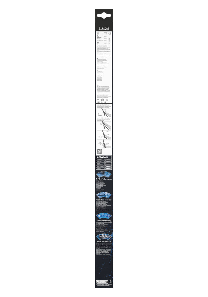Spatele ambalajului Bosch Aerotwin A212S cu instructiuni ilustrate de montaj