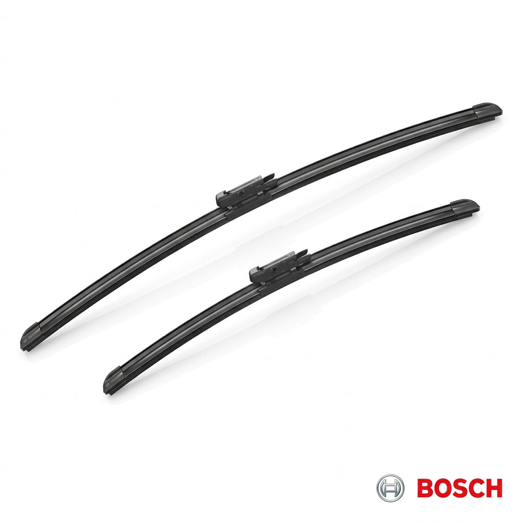 Două lamele Bosch Aerotwin A605S văzute oblic, cu detaliu al piesei de prindere în colț
