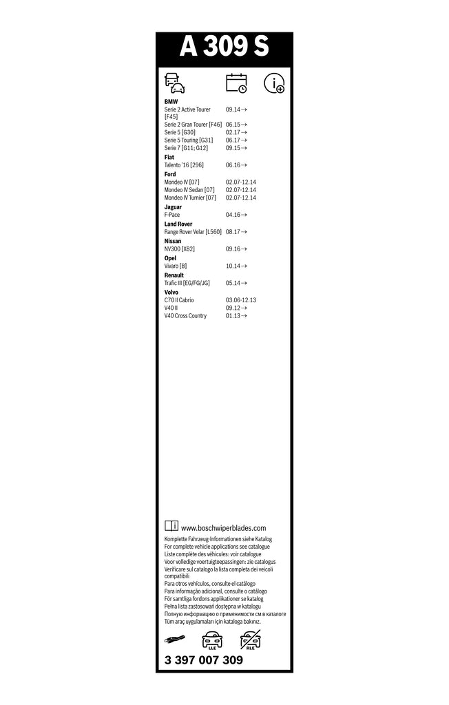 Eticheta Bosch A309S cu lista de compatibilități auto și codul 3 397 007 309