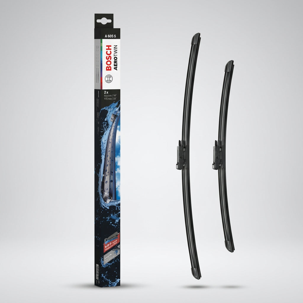 Ambalaj Bosch Aerotwin A605S alături de două lamele de 600 mm și 475 mm