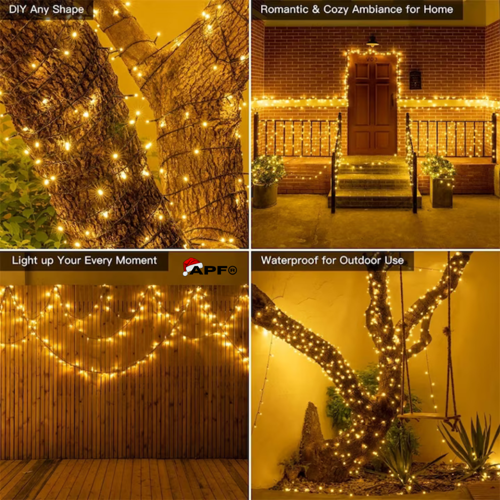 Collage of outdoor string lights in various settings with APEL branding.